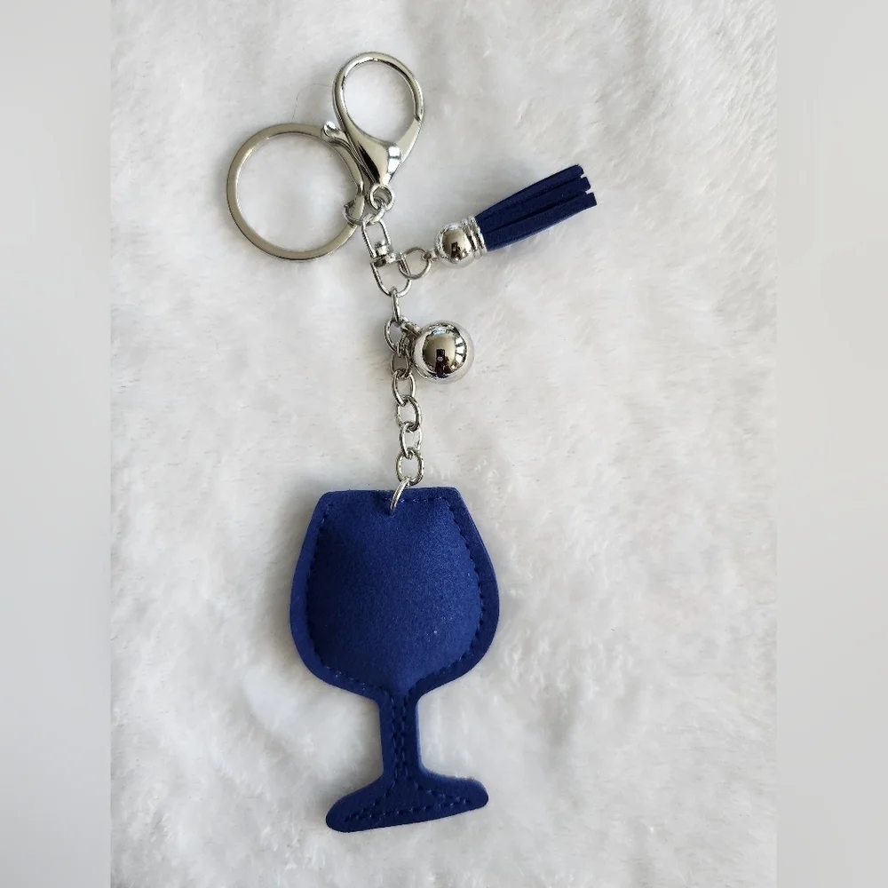 Wine Glass Blue and Silver Rhinestone Keychain Bag Charm